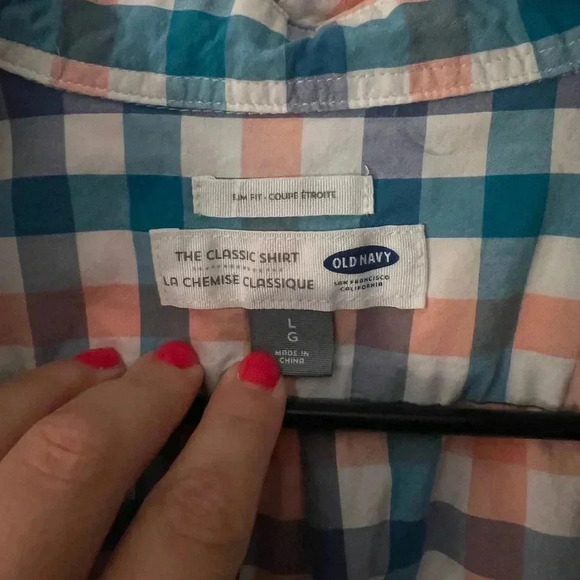 Old Navy Mens Large Blue White Peach Short Sleeve Button Down Shirt - Picture 3 of 5